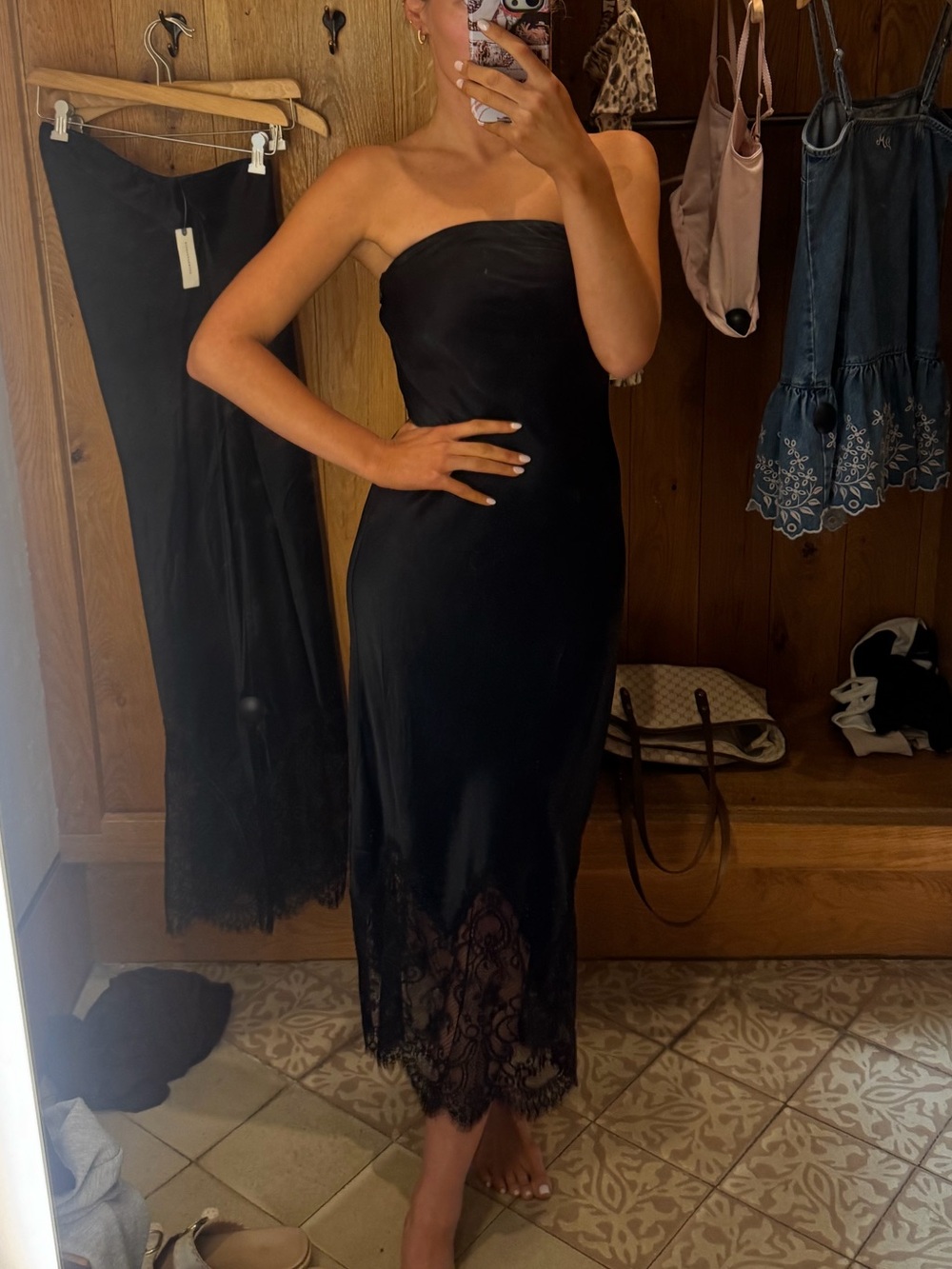 Anthropologie Black Strapless Maxi Dress with Lace Hem